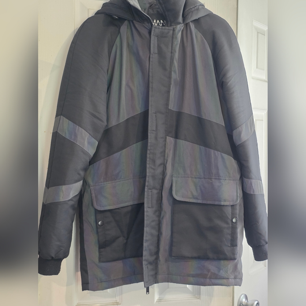 Black and Gray Puffer Jacket with Reflective Panels